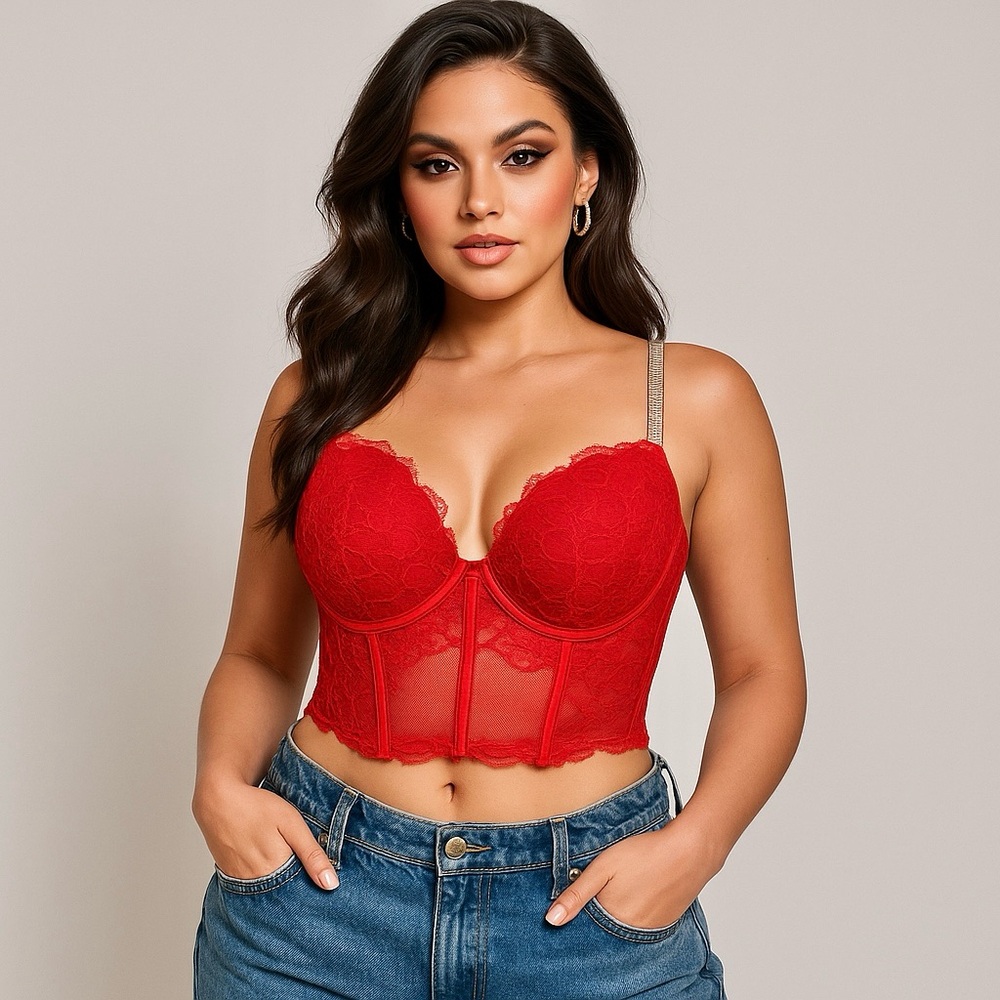 Victorias Secret Red Shine Strap Push Up Longline Bra Top 38DD Holiday Glam Sexy